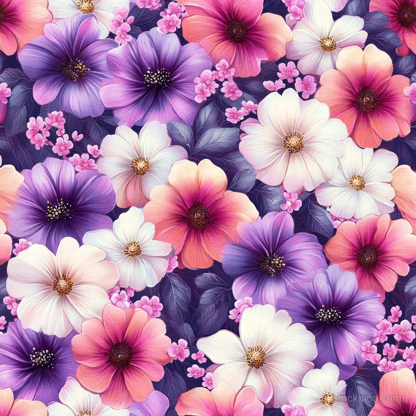 Vibrant seamless floral pattern with detailed purple, pink, and white blossoms and delicate petals on a lush background.