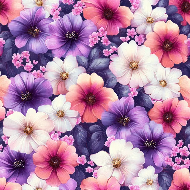 Vibrant seamless floral pattern with detailed purple, pink, and white blossoms and delicate petals on a lush background.