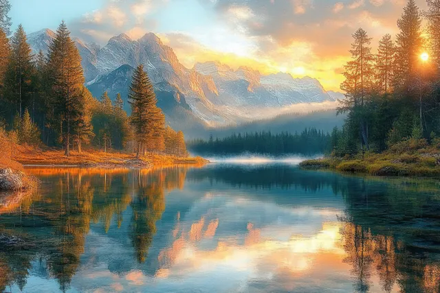 Sunrise over a tranquil mountain lake, autumn forest reflected in still water and glowing clouds