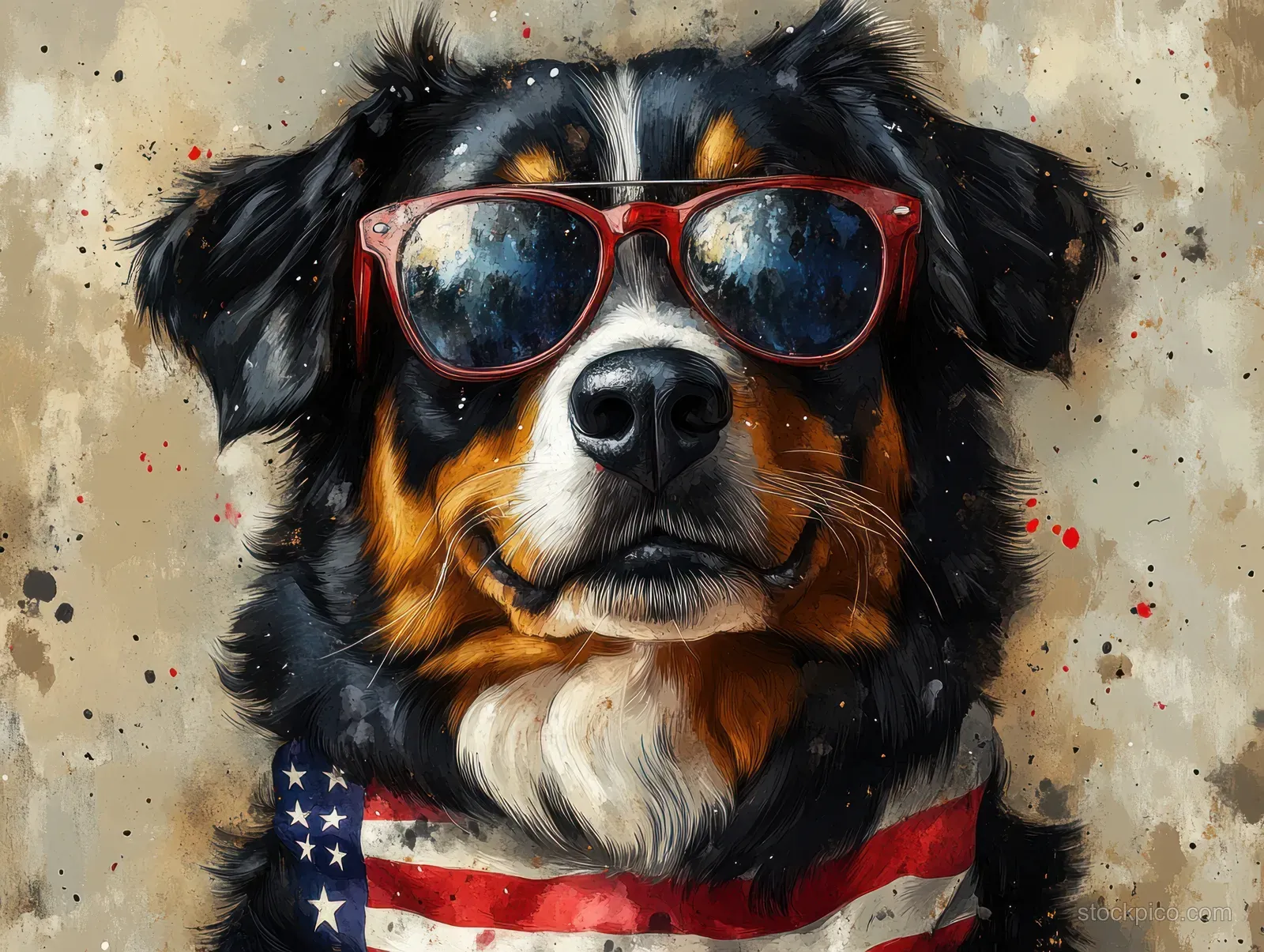 A Bernese Mountain Dog puppy wearing red sunglasses and a red-white-blue flag bandana against a speckled background.