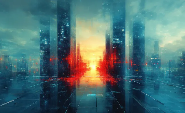 Neon futuristic city skyline at night with glowing circuit lines overlaying a vanishing grid.