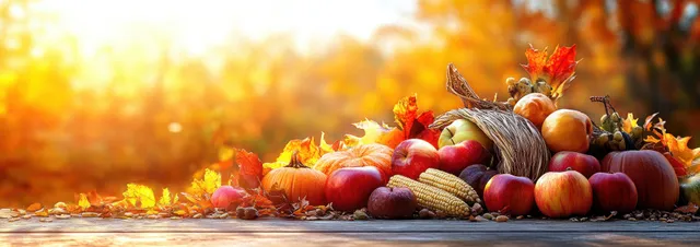 Cornucopia overflowing with pumpkins, apples, and autumn vegetables on a rustic harvest table under golden sunset light.