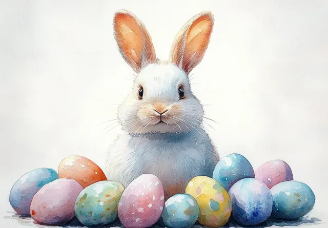 Fluffy white rabbit sitting behind a row of colorful speckled Easter eggs on a clean white background.