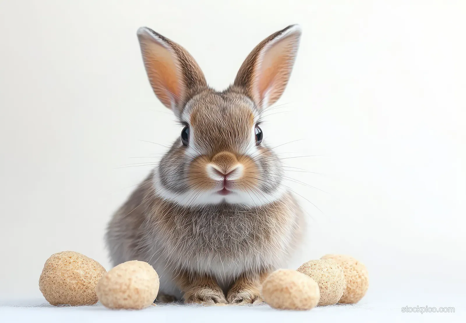 A rabbit with soft fur sits on a white background with small round stones in front.