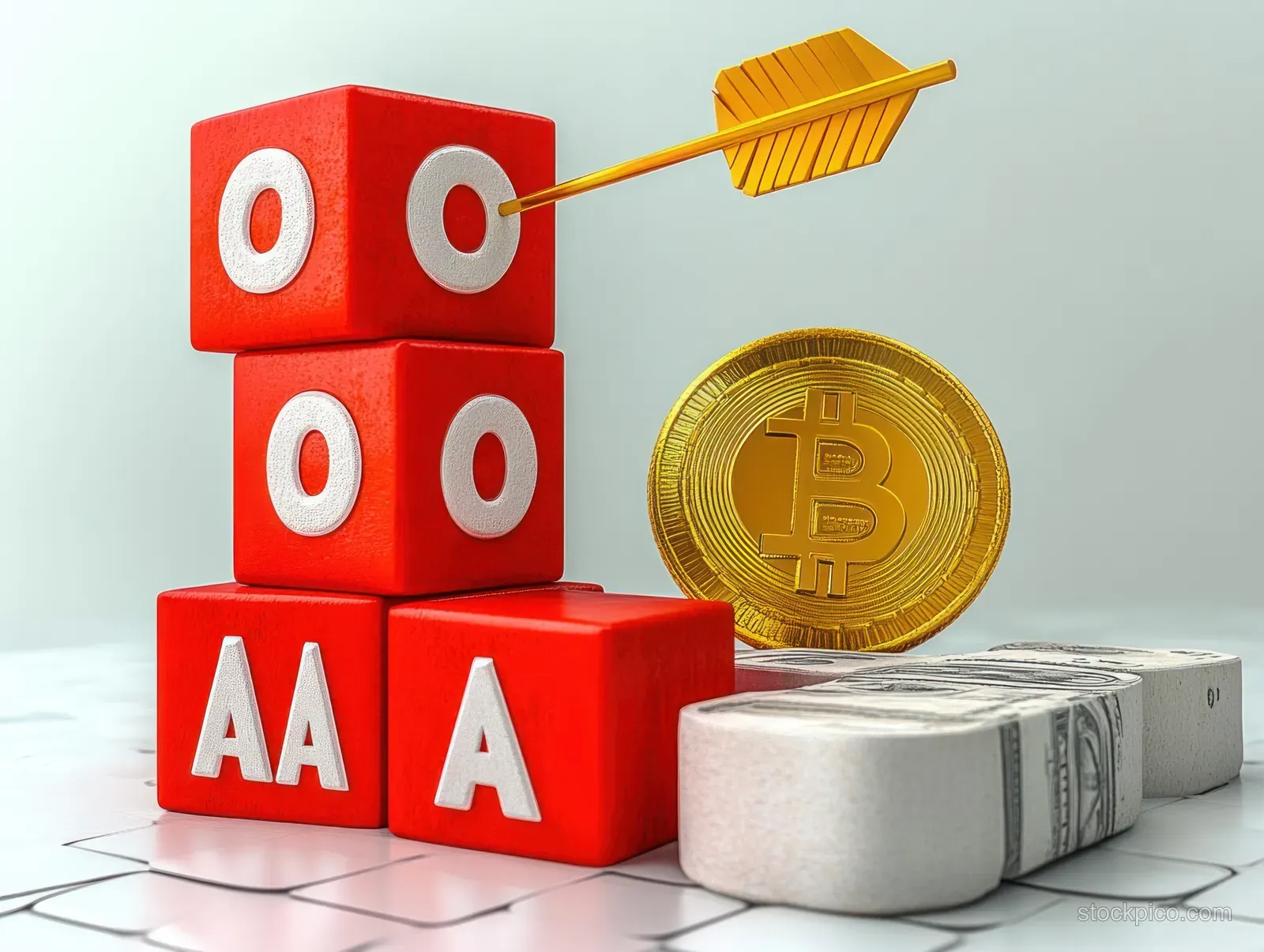 Arrow targets red credit cubes marked 0 and AA beside a gold bitcoin coin and rolled US bills on tiles.