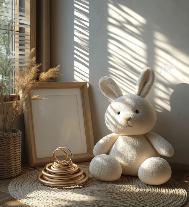 Bunny plush and stacked wooden ring toys rest on a rug next to a small white wooden frame by a sunlit window.