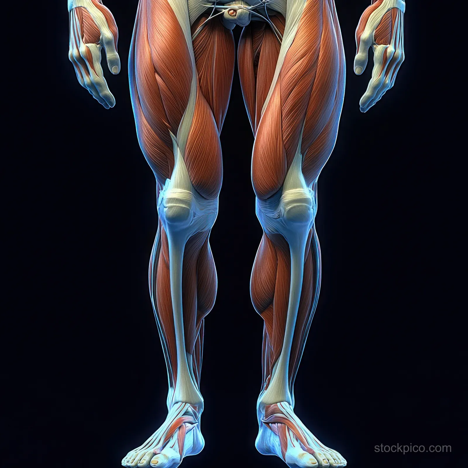 Color anatomical illustration highlights leg and arm muscles, tendons, nerves, and joints floating on a dark background.