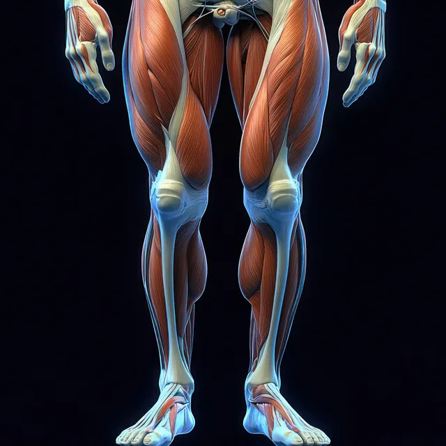 Color anatomical illustration highlights leg and arm muscles, tendons, nerves, and joints floating on a dark background.