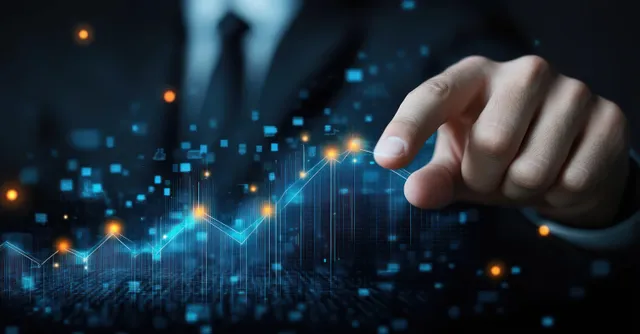 A hand points at a glowing upward growth chart surrounded by digital business analytics dots.