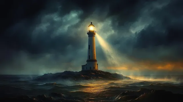 A lighthouse on a rocky island shines a bright beam through dark storm clouds over rough ocean waves at dusk.