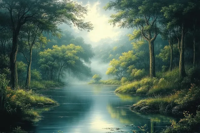 A misty river flows through a lush green forest with sunlight filtering between trees.