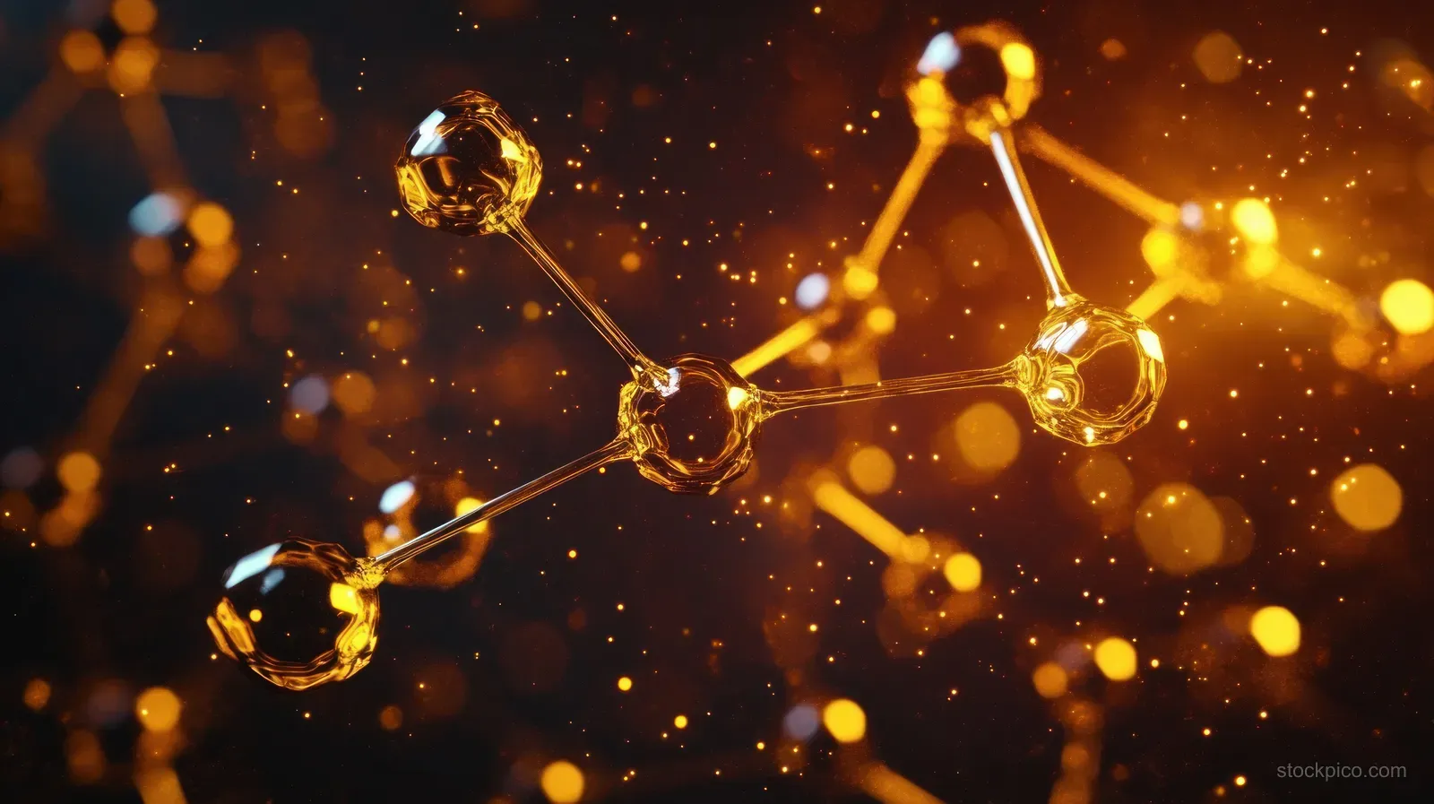 Glowing golden molecular spheres connected by bonds against a dark background.
