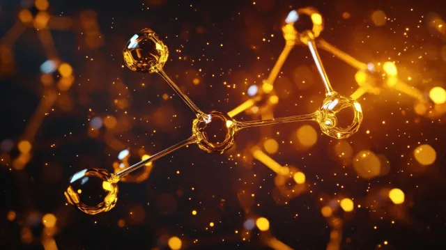 Glowing golden molecular spheres connected by bonds against a dark background.