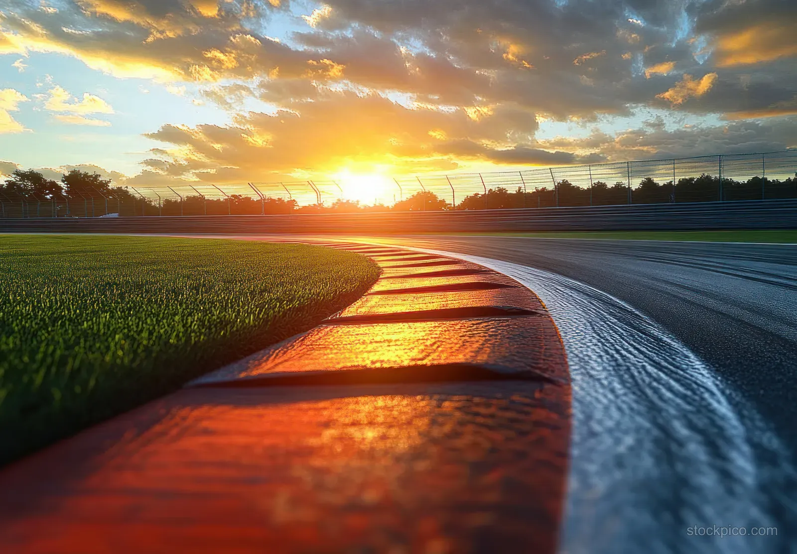 Curved asphalt race track at sunset with glowing lane lines and long shadows stretching across the circuit.