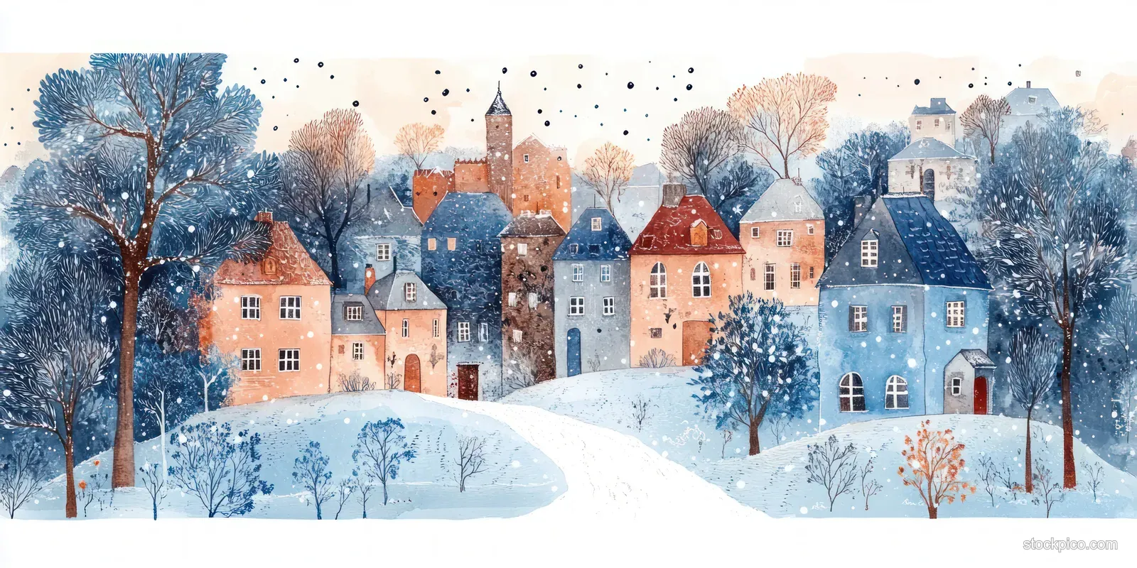 Watercolor winter village houses with falling snow and snowy street banks, framed by leafless trees.