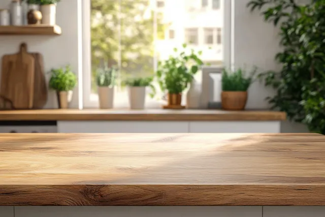 Minimalist kitchen counter with warm wooden tabletop, soft daylight, and potted plants