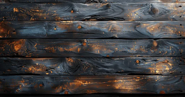 Weathered dark blue-gray oak plank background with visible grain knots and warm amber highlights