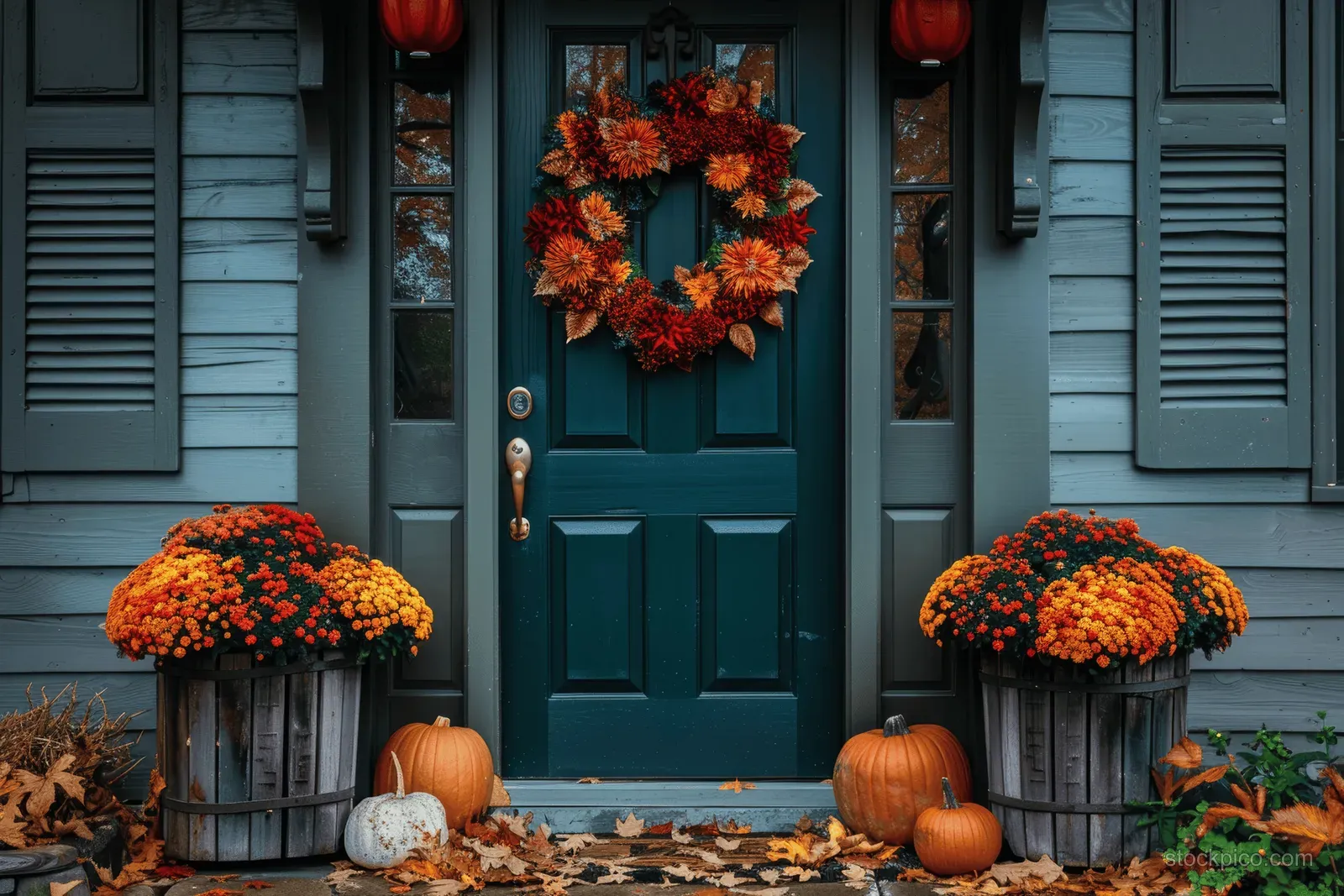 Green front door decorated with a pumpkin wreath and wooden pots of chrysanthemums, plus pumpkins on the steps.