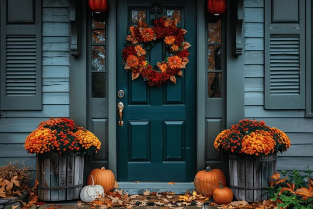 Green front door decorated with a pumpkin wreath and wooden pots of chrysanthemums, plus pumpkins on the steps.