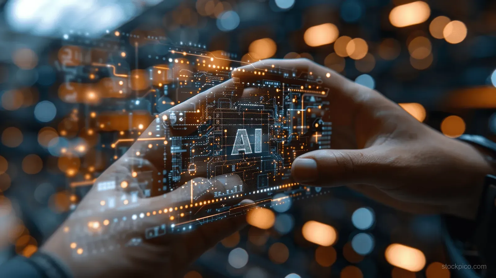 A hand reaches toward an AI hologram of glowing circuit lines and data nodes over a neon city blur.