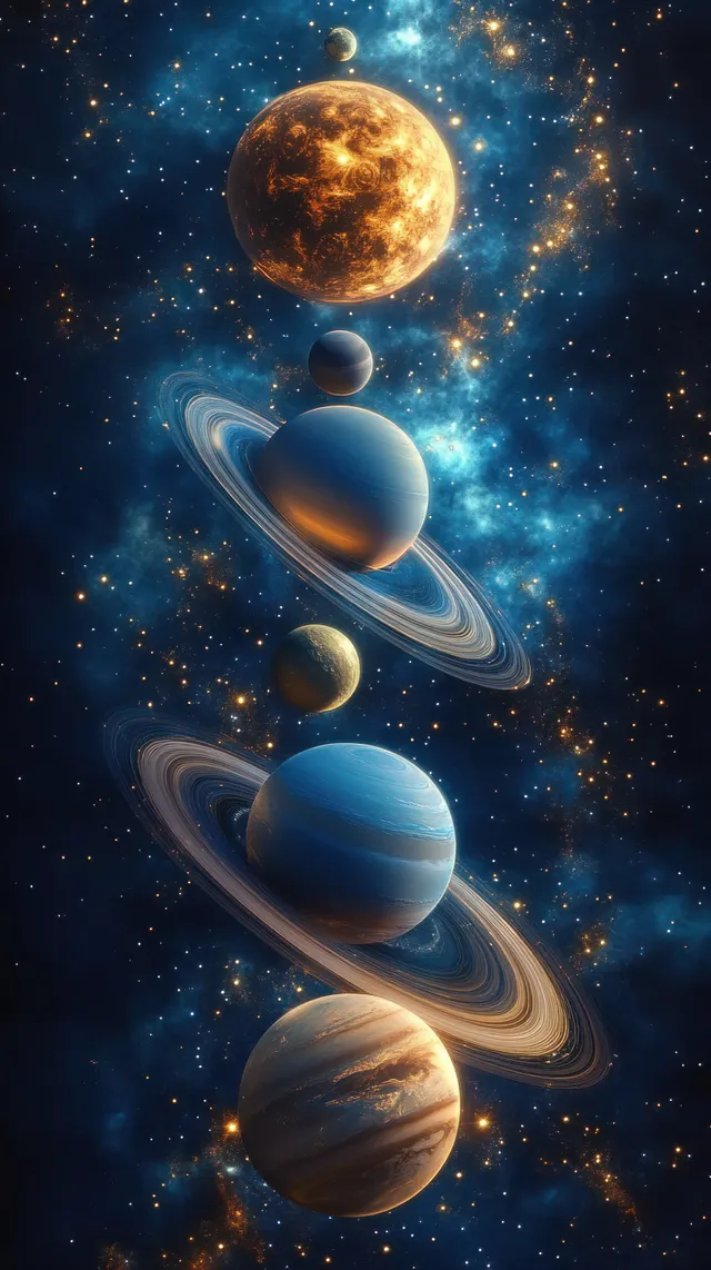 A vertical alignment of ringed planets in deep space with glowing craters and swirling nebula stars.