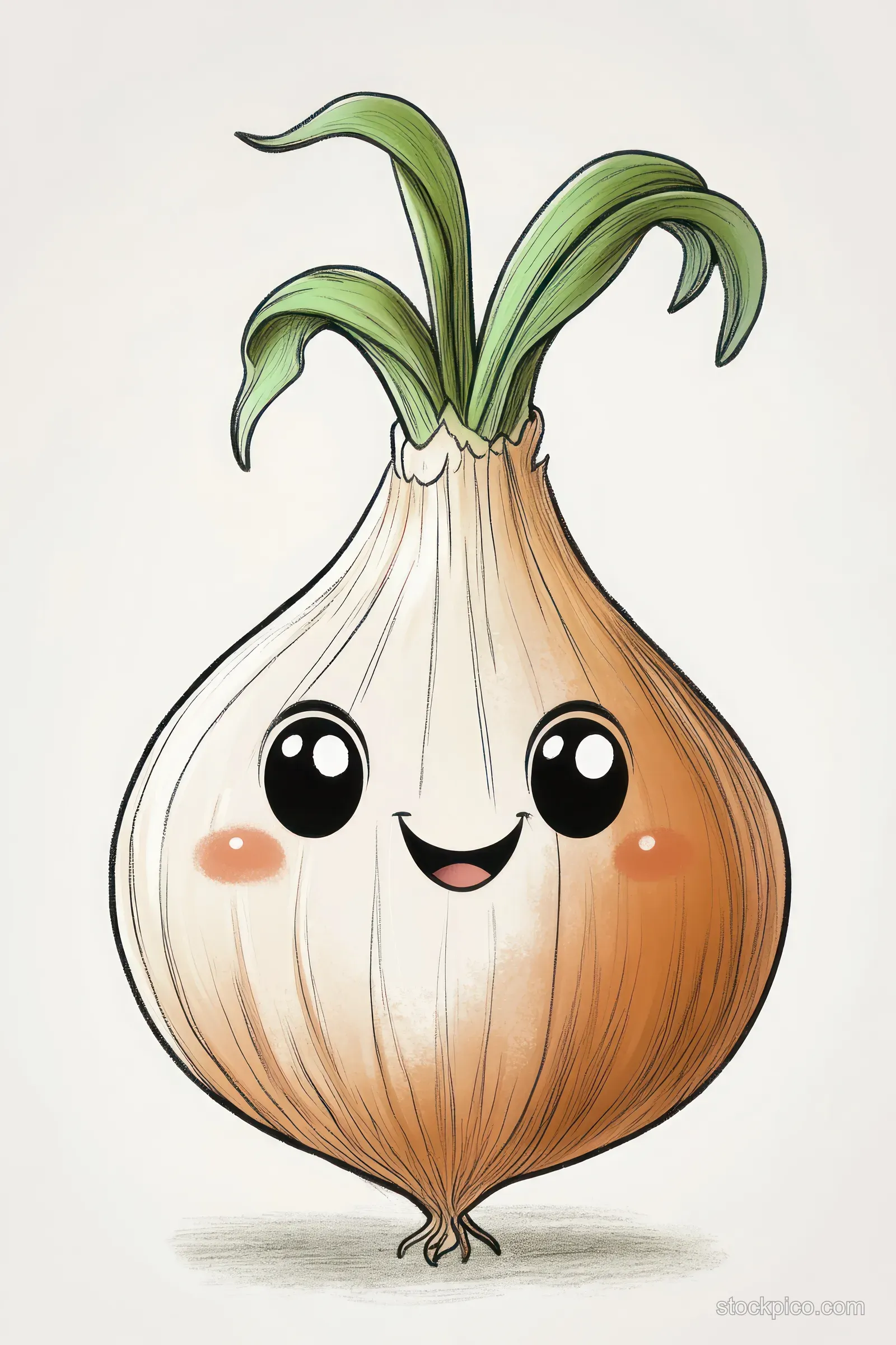 A smiling onion cartoon with big eyes and green leaves on a light background.