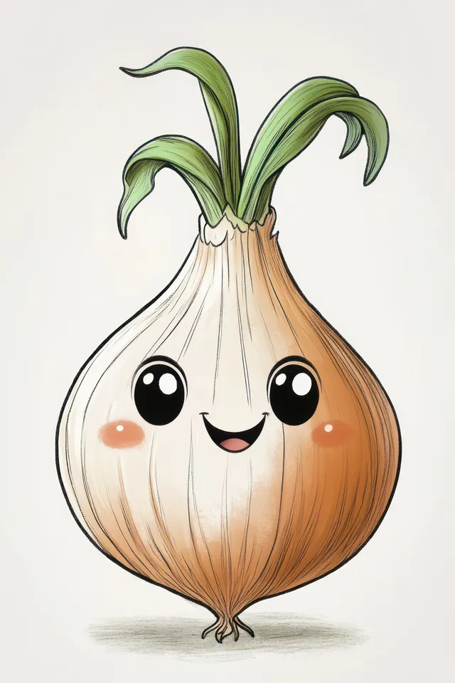 A smiling onion cartoon with big eyes and green leaves on a light background.