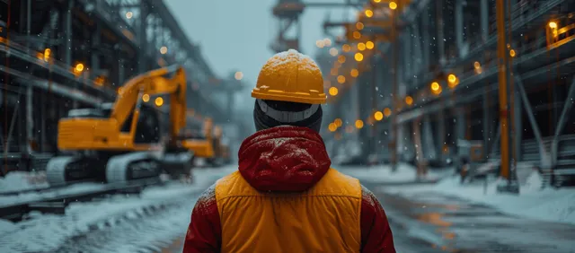 Engineer in yellow helmet and red vest inspecting welding robot work beside excavators