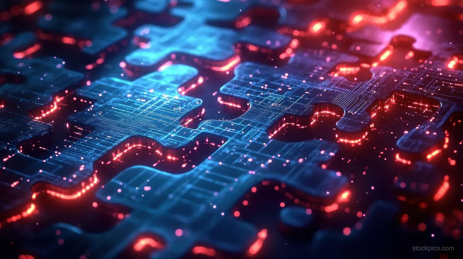 Neon circuit puzzle pieces form a connected microservice network across a dark blue interface.