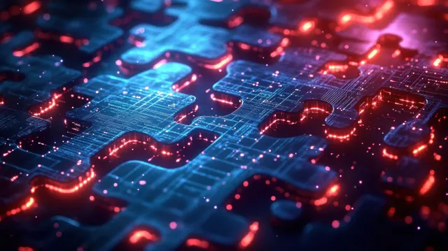 Neon circuit puzzle pieces form a connected microservice network across a dark blue interface.