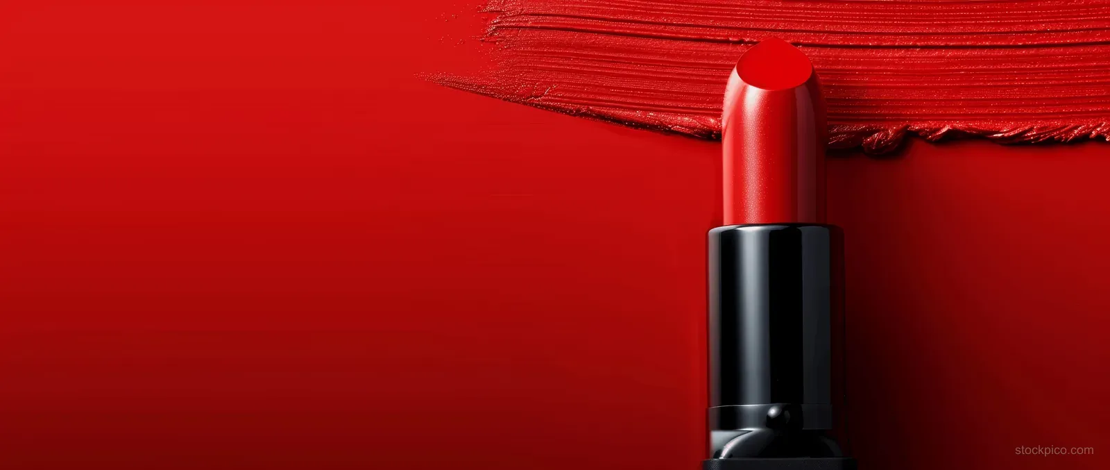 Red lipstick on a solid red background with empty space for text above and below.
