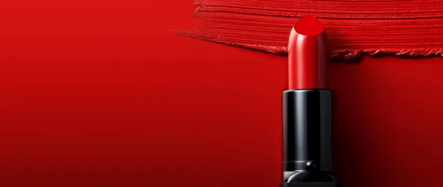 Red lipstick in black casing on red background with copy space above and below