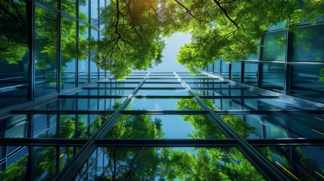 Low-angle view of a glass office atrium framed by leafy trees above.