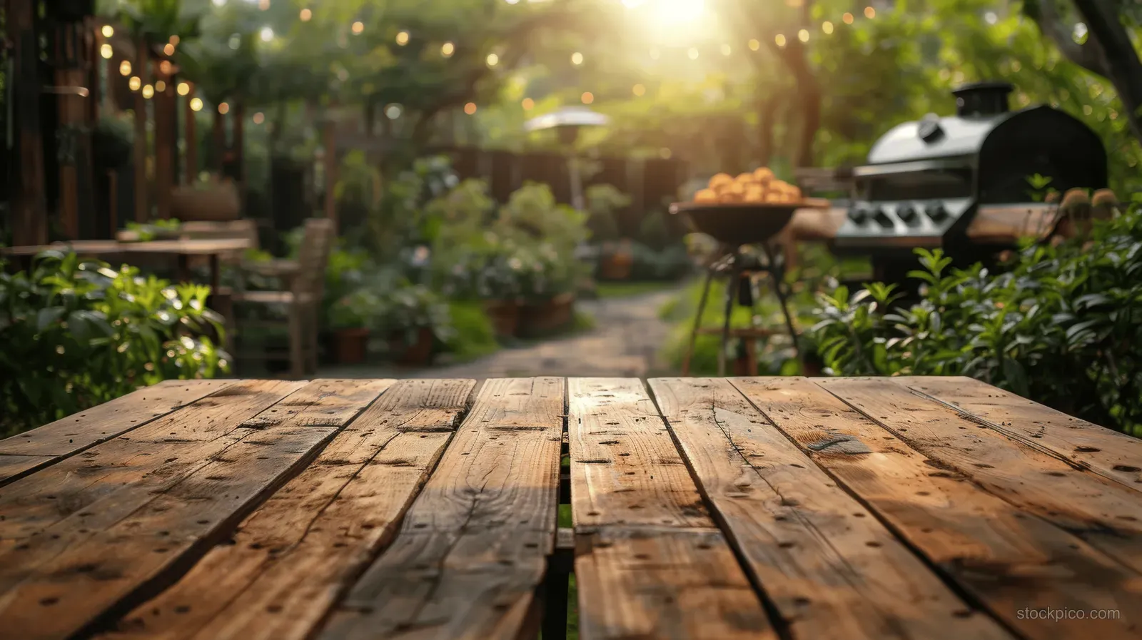 Rustic wooden table top in the foreground with a blurred backyard garden and barbecue grill behind it.