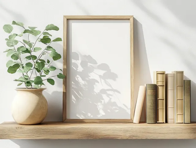 A minimalist wooden shelf displays a blank picture frame, a ceramic plant pot with green leaves, and stacked books.