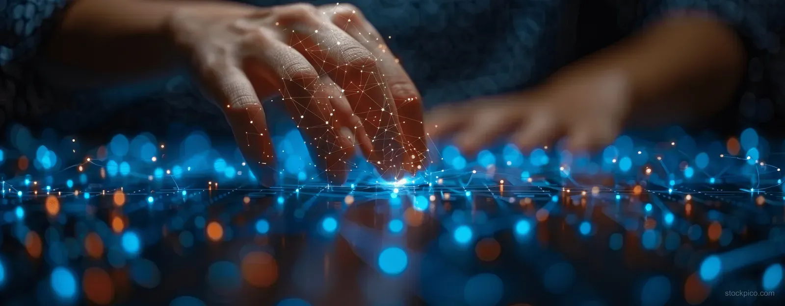 A hand reaches toward a glowing blue network of data nodes and particles on a dark digital background.