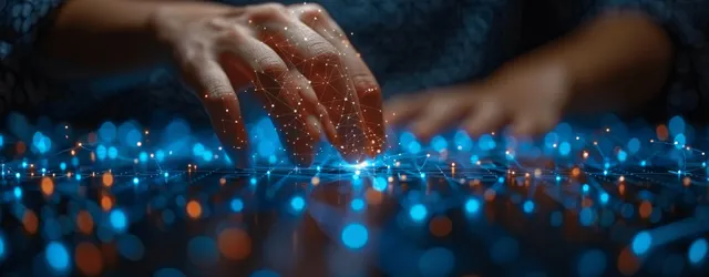 Glowing digital network particles streaming from a fingertip touch on blue data background