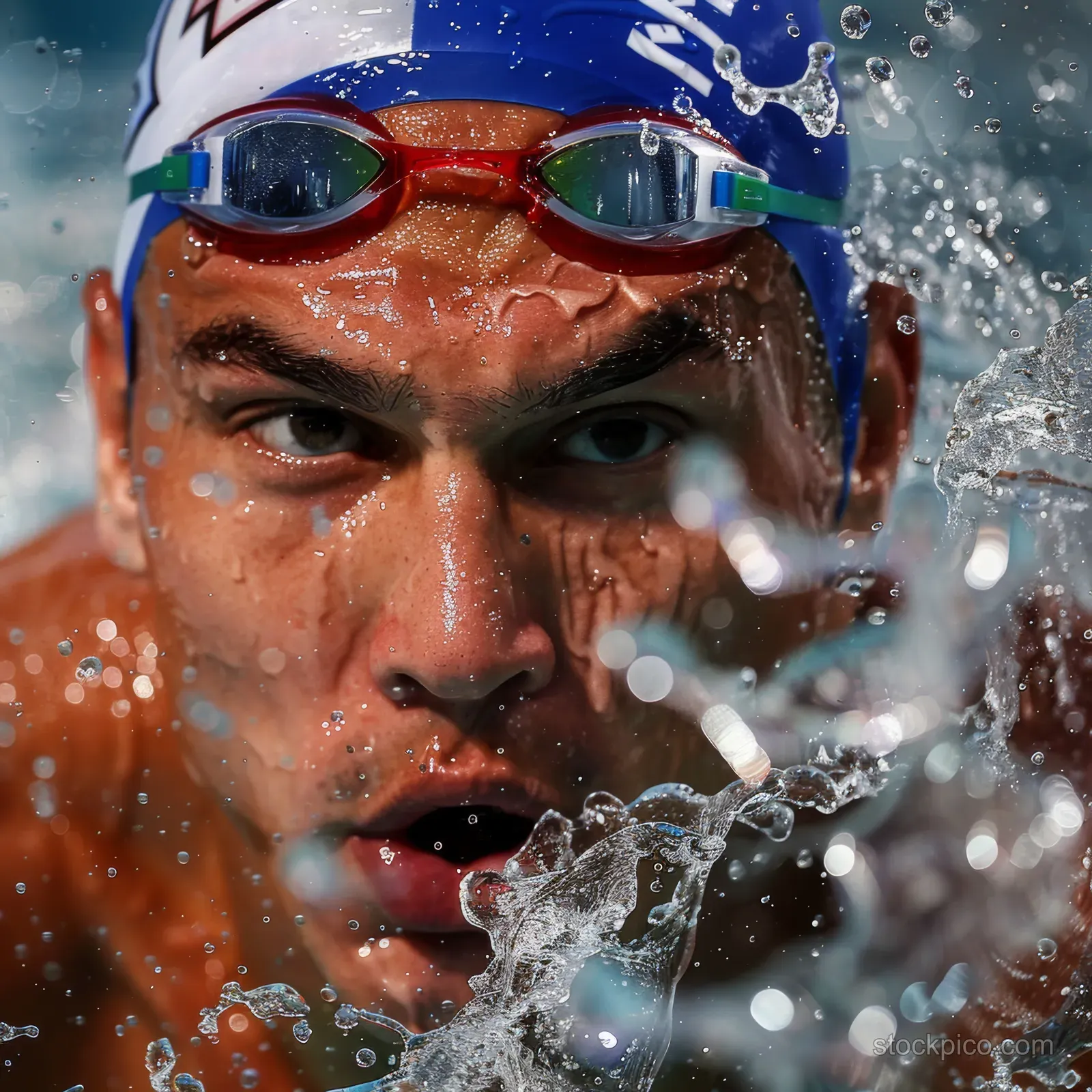 Male swimmer in goggles pushes through freestyle water, splashes covering his face near the race finish.