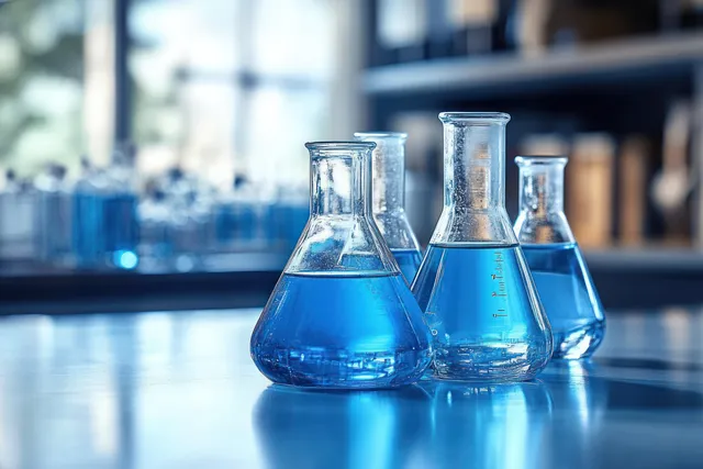 Blue liquid-filled laboratory flasks arranged on a reflective bench with blurred equipment in the background.