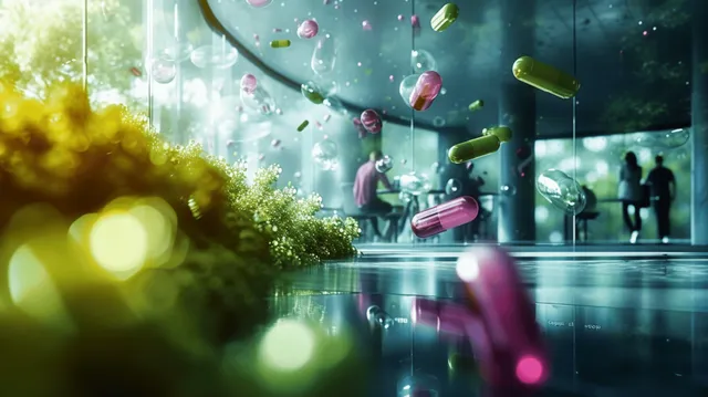 Colorful pharmaceutical pills and capsules suspended in glassy blue background