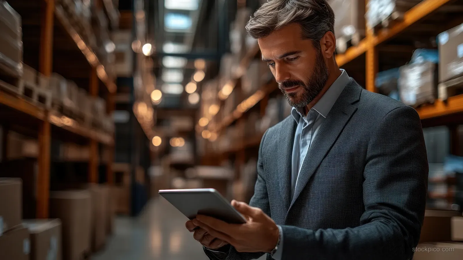 A warehouse manager in a suit checks a tablet while standing among stacked pallets in a warmly lit aisle.