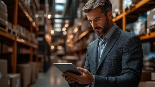 A warehouse manager in a suit checks a tablet while standing among stacked pallets in a warmly lit aisle.