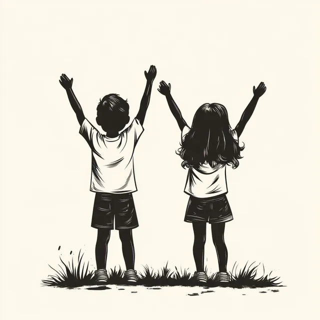 Joyful boy and girl with arms raised standing in grass field illustration