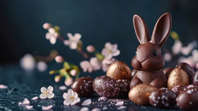 Chocolate bunny surrounded by assorted chocolate eggs and delicate pink flowers on a dark textured surface.