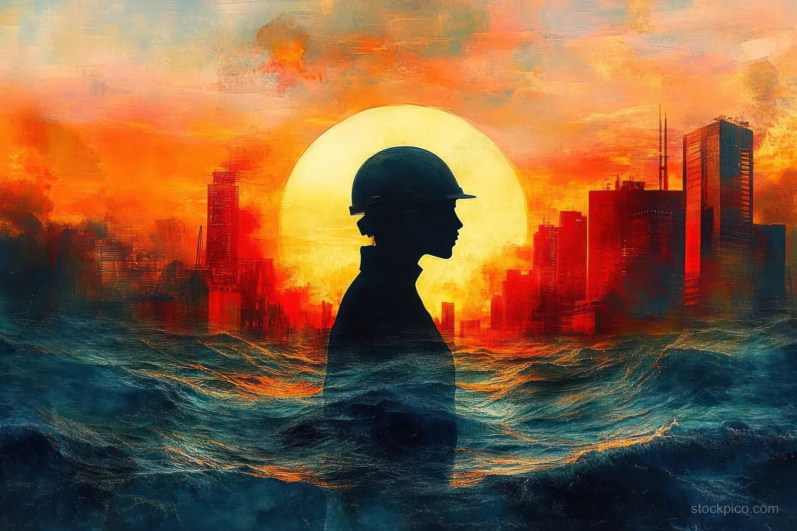 A helmeted silhouette stands in turbulent water with a fiery sunset and city skyline in the background.
