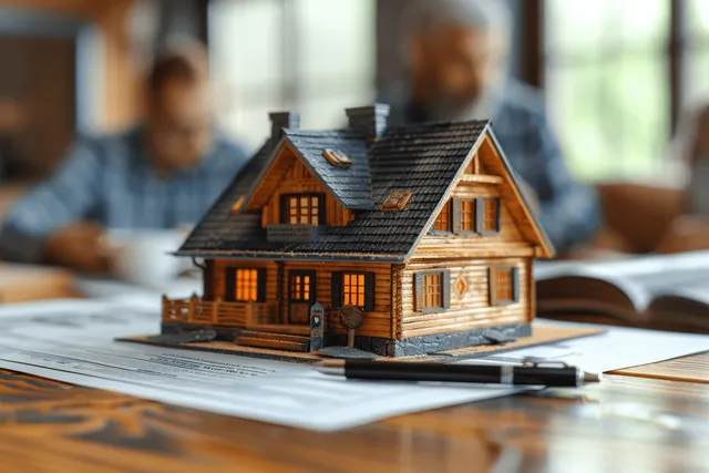 Wooden house model on contract papers with a pen, while blurred agents discuss real estate in an office.