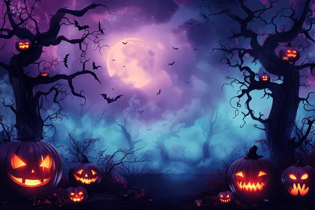Glowing jack-o’-lanterns sit among twisted trees beneath a full moon while bats fly through purple night fog.