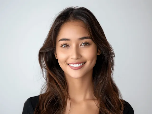 Smiling young Asian woman portrait showing bright teeth against clean white backdrop