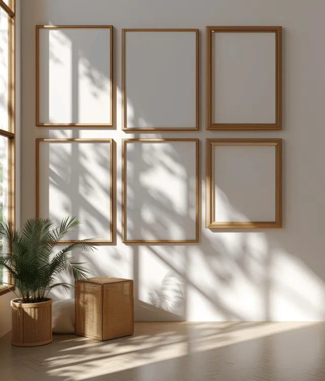 Blank wooden poster frames on a wall with sunlight shadows over stacked paper and a potted plant.