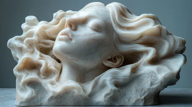 A marble bust sculpture with a serene face and flowing hair is lit softly in a studio setting.